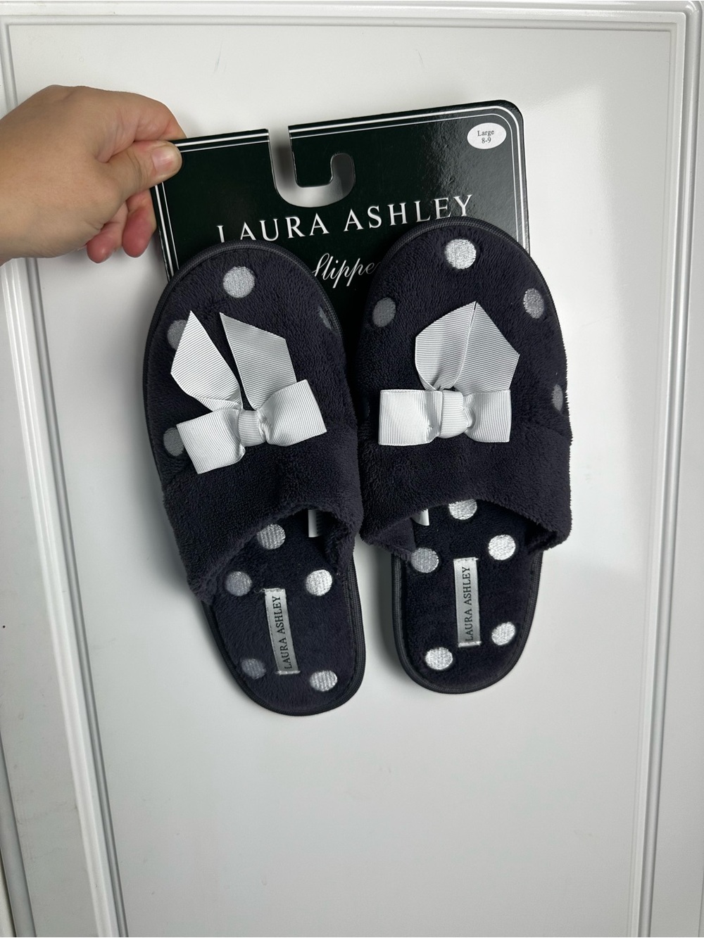 Laura Ashley Navy Polka Dot Kids Slippers with White Bows